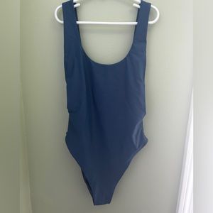Blue low back one piece swimsuit